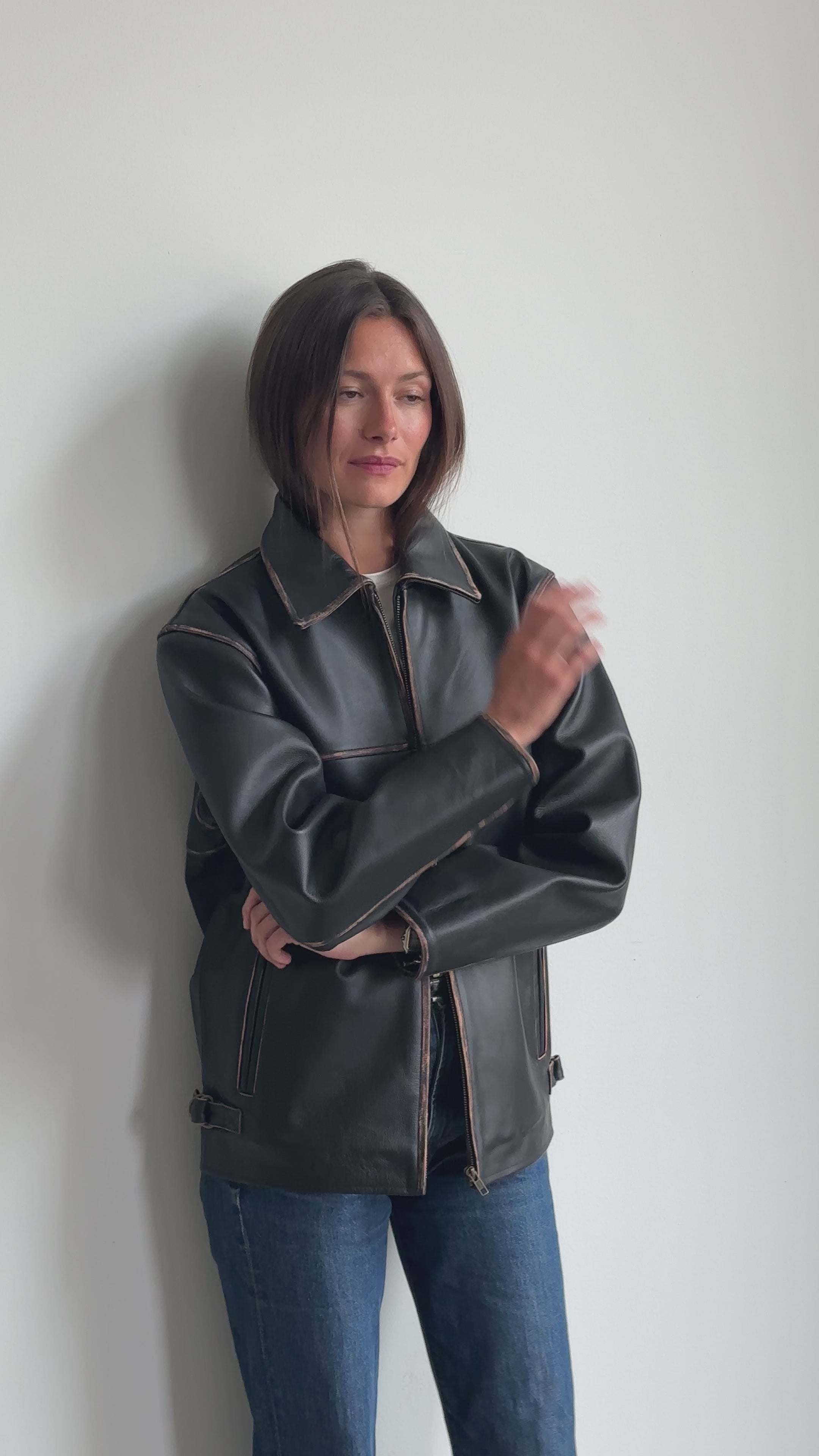 Black Oversized Upcycled Leather Jacket – Vintage Inspired | Worn