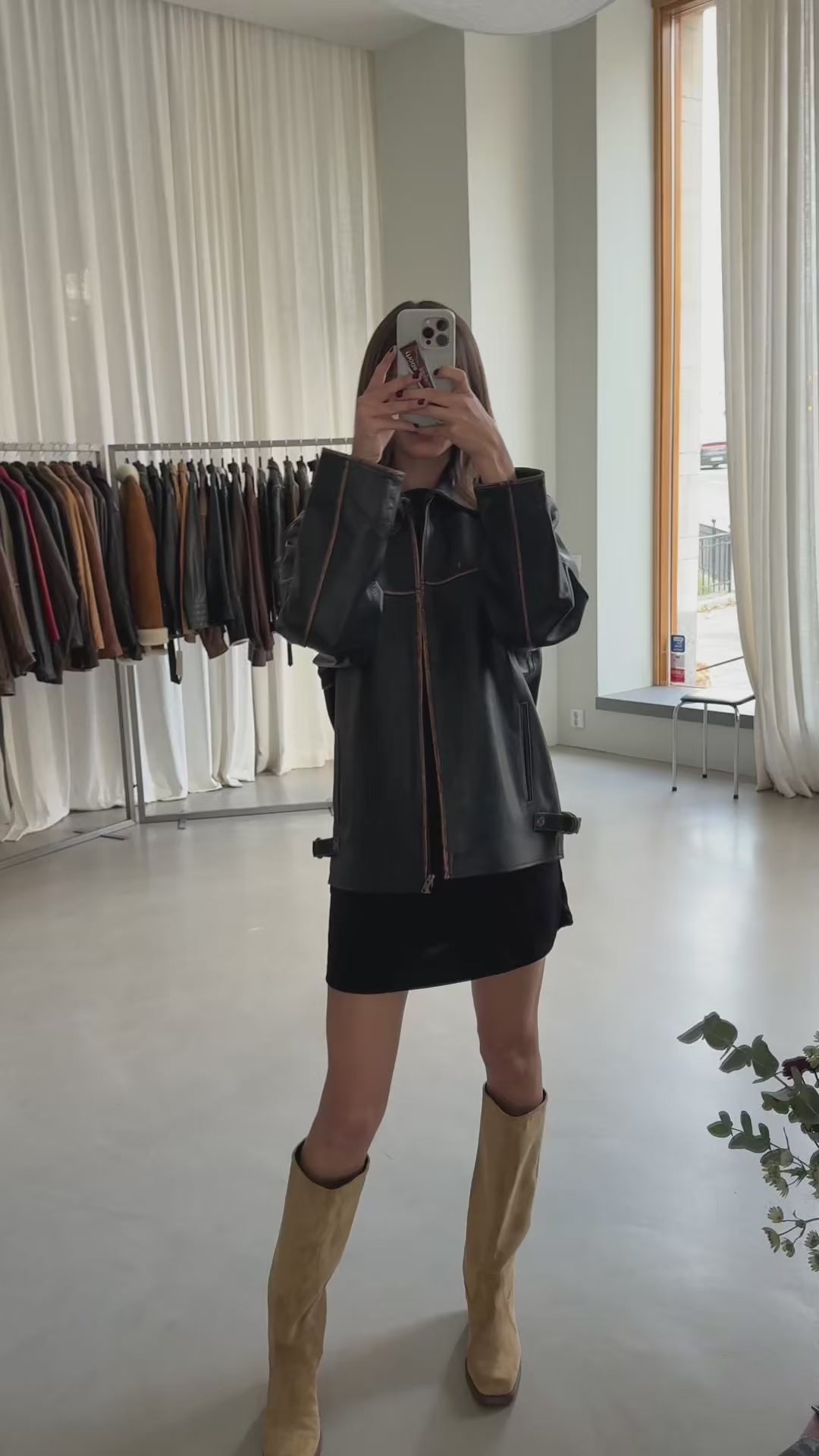 Black Oversized Upcycled Leather Jacket – Vintage Inspired | Worn